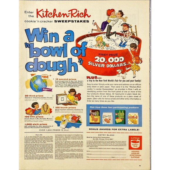 Kitchn Rich Cookie & Cracker Sweepstakes "Win a bowl of dough" Vtg Print Ad 1964 - Picture 1 of 3